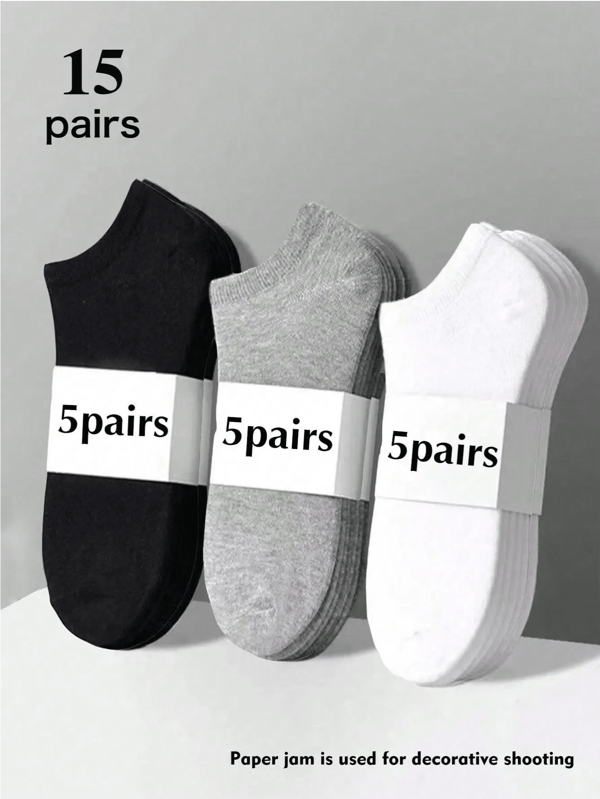 15 Pairs Black, White & Grey Solid Color Socks, Fashion & , Comfortable Casual Socks For Everyday Wear, Short Crew Socks