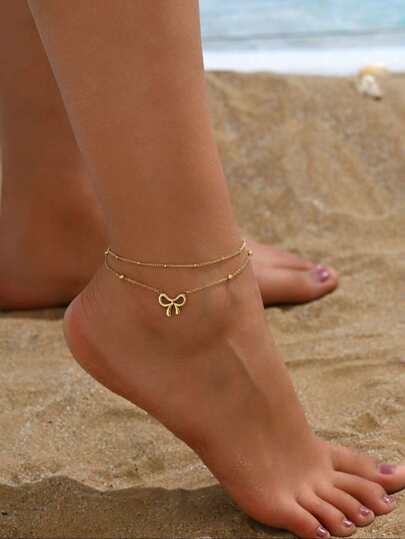 1pc Fashionable Double Layer Butterfly Stainless Steel Anklet, Elegant Sweet Sexy Beach Resort Foot Jewelry, Golden Ankle Bracelet For Valentine's Day