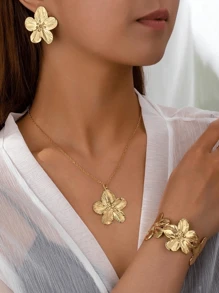 Conjunto de 4/3/2 peças de pulseira larga floral minimalista e elegante, brincos de pino, joias de anel para férias na praia, encontros, festas, banquetes e uso diário