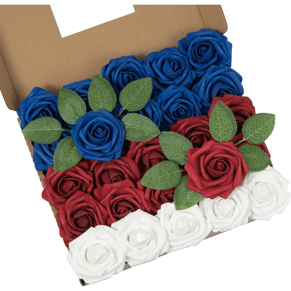 25Pcs Artificial Roses Flowers Fake Roses With Stems Real Touch Foam Flowers For DIY Wedding Bouquet Baby Shower Centerpiece Floral Arrangement Party Home Decor(Dark Red) - Blue White Red - View 1