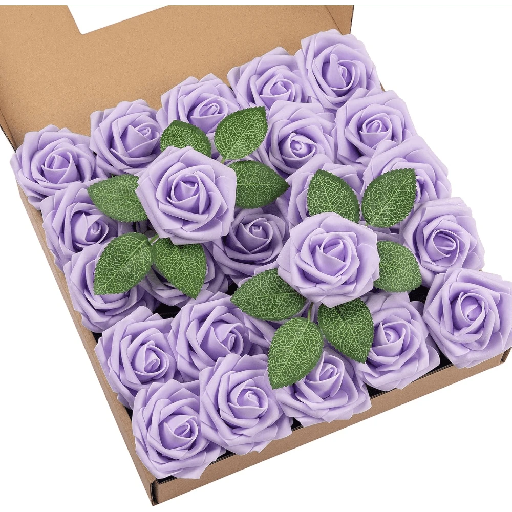 25Pcs Artificial Roses Flowers Fake Roses With Stems Real Touch Foam Flowers For DIY Wedding Bouquet Baby Shower Centerpiece Floral Arrangement Party Home Decor(Dark Red) - Lilac - View 1