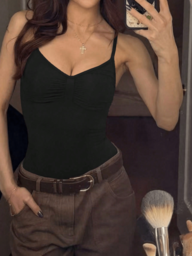 VIVINA Dam Enfärgad Casual Minimalistisk Mångsidig Rynkad Camisole Bodysuit, Lämplig För Sommar & Höst