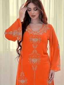 Saudi Arabia/Dubai Rhinestone Embellished Fashion Dress, Summer Chiffon Middle East Modest Dress
