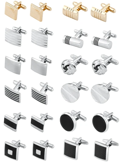 1 对男士袖扣经典色调袖扣银金和黑色条纹圆盘方形矩形袖扣衬衫西装男士袖扣适合婚礼新郎商务和父亲优雅礼物学校