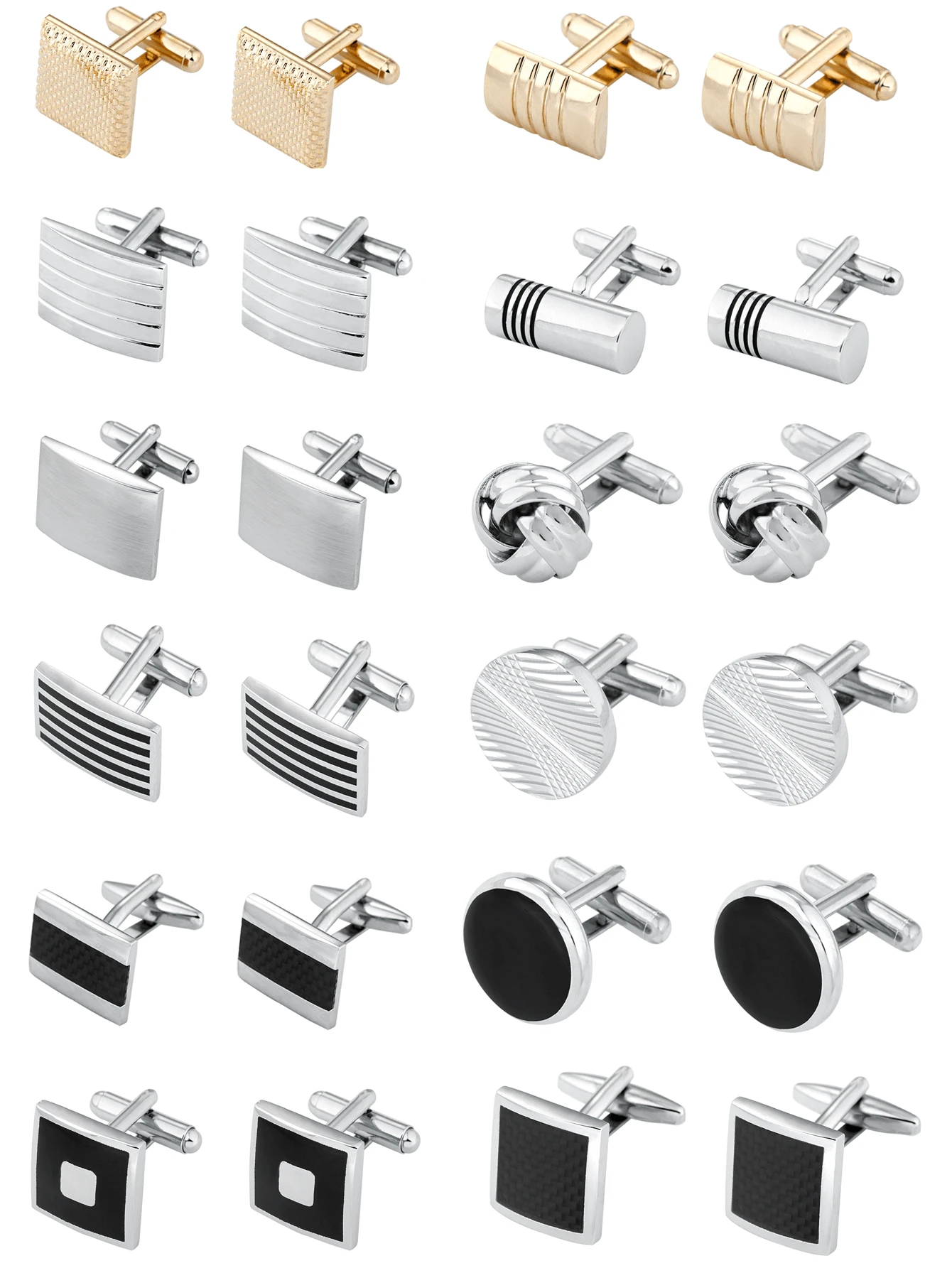 1 对男士袖扣经典色调袖扣银金和黑色条纹圆盘方形矩形袖扣衬衫西装男士袖扣适合婚礼新郎商务和父亲优雅礼物学校
