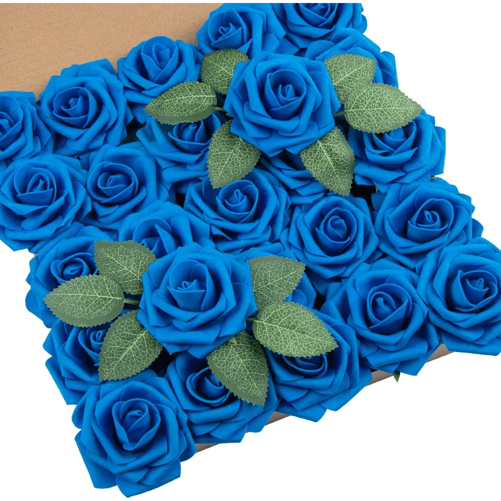 25Pcs Artificial Roses Flowers Fake Roses With Stems Real Touch Foam Flowers For DIY Wedding Bouquet Baby Shower Centerpiece Floral Arrangement Party Home Decor(Dark Red) - Royal Blue - View 1