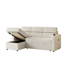 Sofá cama de pana de 85 pulgadas, sofá cama de 3 plazas con chaise longue y almacenamiento, reposabrazos cuadrados con 2 portavasos y puerto de carga USB, sofá cama extensible para la sala de estar-2186 - Multicolor - Ver 6
