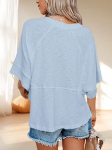 Solid Color Women T Shirts Summer Casual Loose Fit Batwing Half Sleeve Crewneck Cute Basic Flowy Tops Tees Blouses - 藍色 - 查看 3