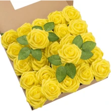 25Pcs Artificial Roses Flowers Fake Roses With Stems Real Touch Foam Flowers For DIY Wedding Bouquet Baby Shower Centerpiece Floral Arrangement Party Home Decor(Dark Red) - Yellow - View 1
