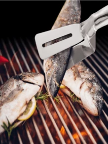 2-In-1 Stainless Steel Multipurpose Fish Spatula - Premium Stainless Steel Fish Spatula And Tongs - Non-Stick, Heat Resistant, Multifunctional Kitchen Tool For Frying Fish, Flipping And Steak Handling - Suitable For Home And Restaurant Kitchen, Fish Frying Spatula, Outdoor Grill Tool, BBQ Spatula, BBQ Tongs