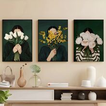 3pcs Optional Frame Canvas Print Decorative Painting,Emerald Green Floral Women Stripe Abstract Wall Arts Posters,Vintage Japandi Eclectic Art Style,Suitable For Living Room, Bedroom,Ideal Wall Art Home Decor Gifts
