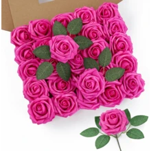 25Pcs Artificial Roses Flowers Fake Roses With Stems Real Touch Foam Flowers For DIY Wedding Bouquet Baby Shower Centerpiece Floral Arrangement Party Home Decor(Dark Red) - Hot Pink - View 6