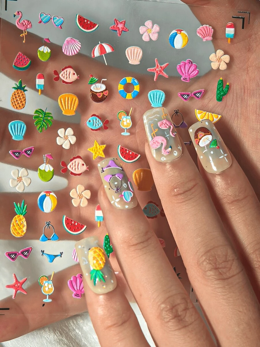 1 Sheet Summer Beach Themed 3D Embossed Nail Art Stickers, Featuring Elements Like Seashells, Coconut Juice, Watermelon, Swimwear, Suitable For DIY And Scrapbooking - Multicolor - View 1