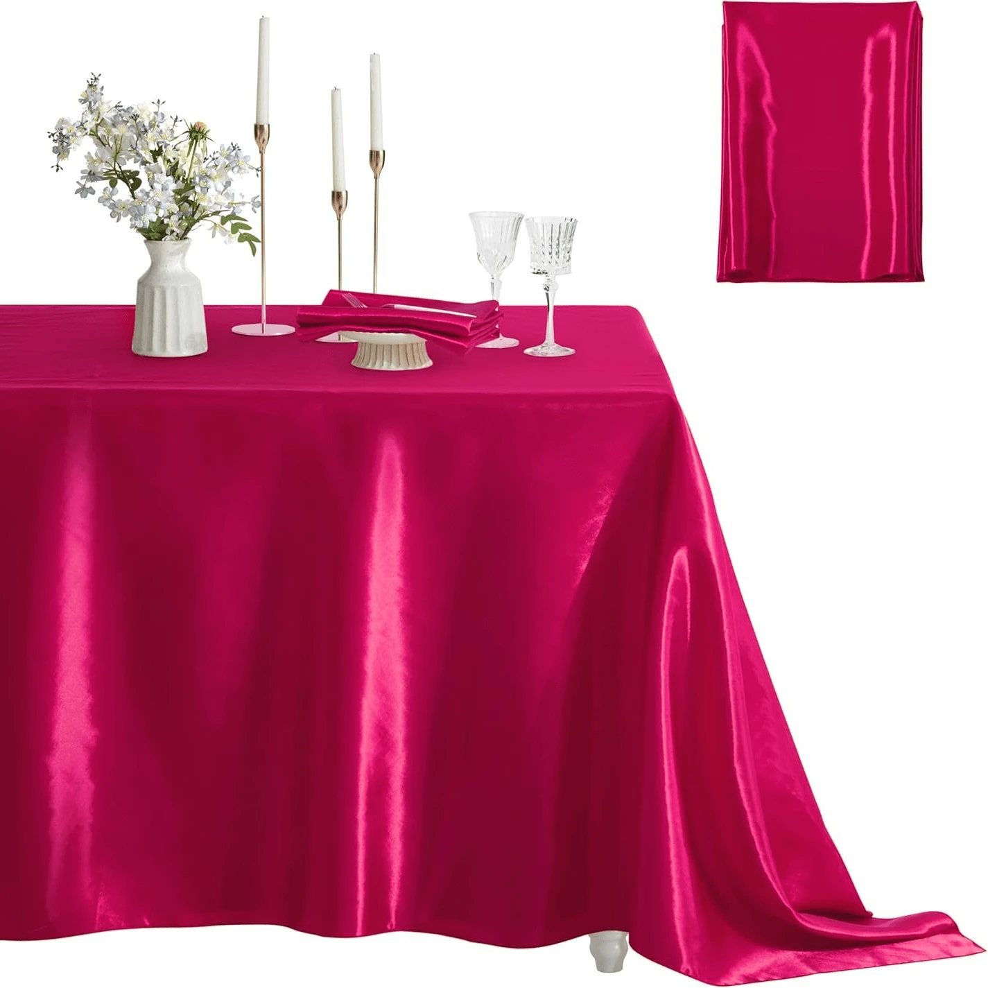 1 chiếc khăn trải bàn bằng vải satin trơn màu chất lượng cao dùng cho tiệc tùng, nhà hàng - Màu Hồng Tươi - Xem 1