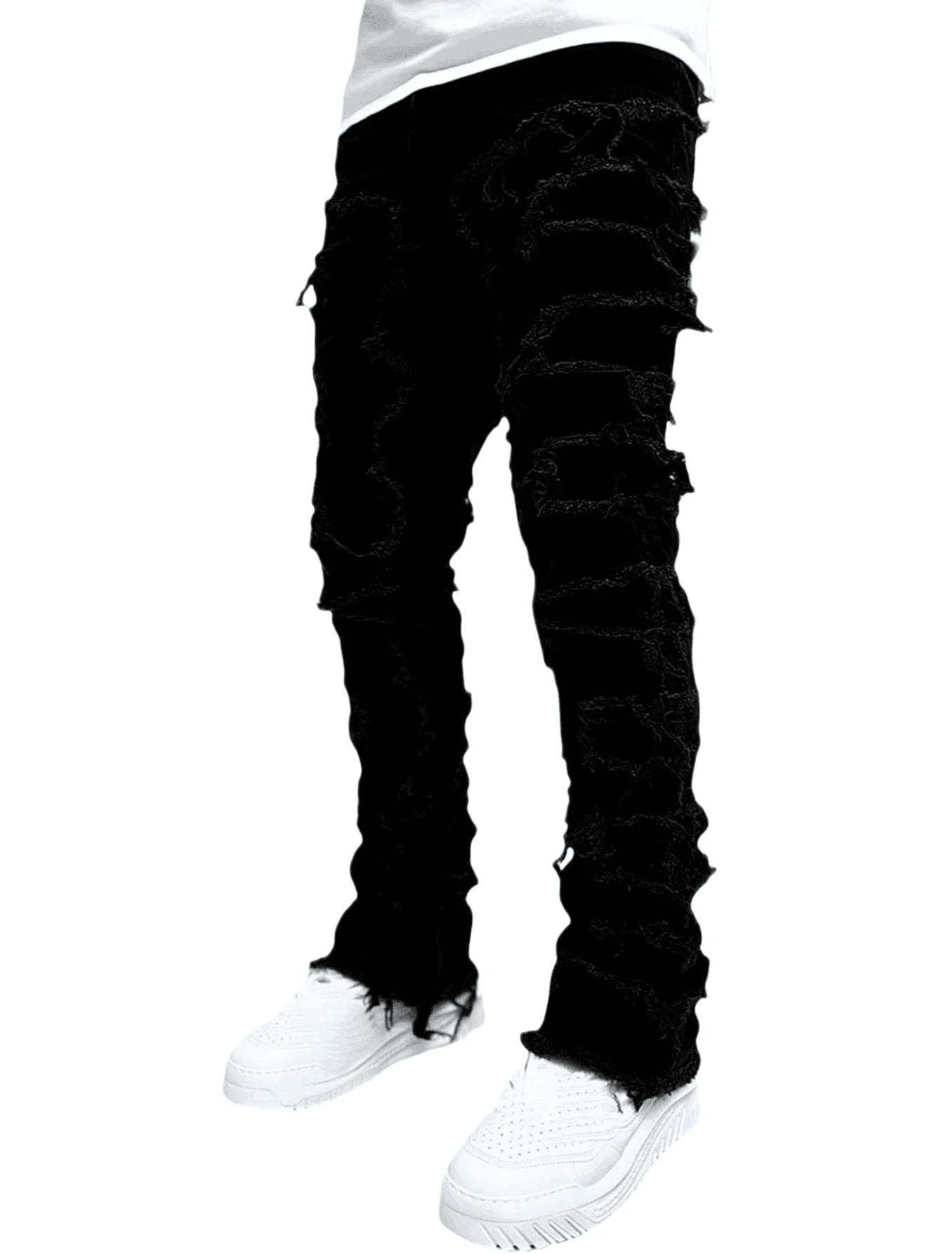 Tween Boys Stacked Distressed Jeans,Casual Fashion Slim Fit Comfortable Denim Pants,Black Fringed Patchwork Frayed Hem Jeans For Kids,Style Hip-Hop Skateboard Pants,To 8-16 Year Old Size,Perfect For Outdoor - màu đen - Xem 1