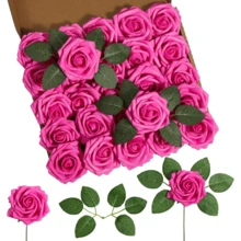 25Pcs Artificial Roses Flowers Fake Roses With Stems Real Touch Foam Flowers For DIY Wedding Bouquet Baby Shower Centerpiece Floral Arrangement Party Home Decor(Dark Red) - Hot Pink - View 1