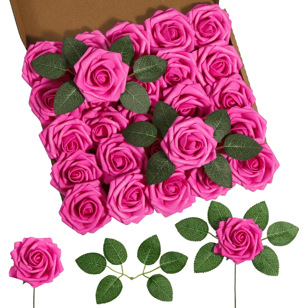 25Pcs Artificial Roses Flowers Fake Roses With Stems Real Touch Foam Flowers For DIY Wedding Bouquet Baby Shower Centerpiece Floral Arrangement Party Home Decor(Dark Red) - Hot Pink - View 1