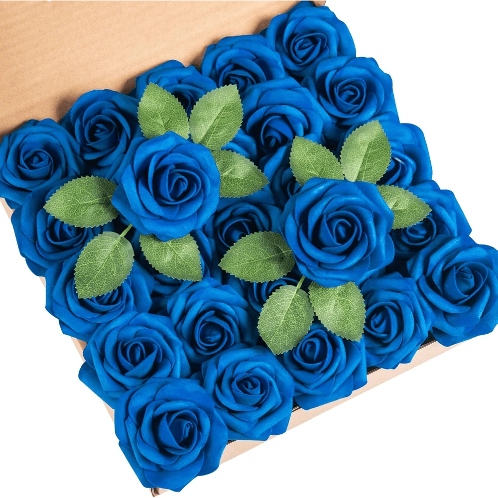 25Pcs Artificial Roses Flowers Fake Roses With Stems Real Touch Foam Flowers For DIY Wedding Bouquet Baby Shower Centerpiece Floral Arrangement Party Home Decor(Dark Red) - Royal Blue-a - View 1