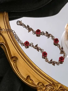 1 Pc Light Luxury Retro Style Red Rose Earring Bracelet Necklace Set, Suitable For Women To Wear On Dates, Parties, And Daily Occasions