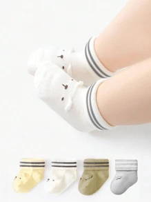 4 Pairs Baby Cute Ear Design Socks, Striped Breathable Socks For Infant Boys And Girls