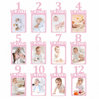 1 岁生日照片横幅，金色闪光成长记录 1 至 12 个月照片道具，每月里程碑照片彩旗花环，1 岁生日庆祝装饰用品