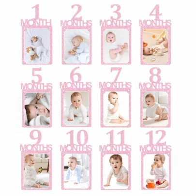 Pancarta de foto de 1er cumpleaños, registro de crecimiento con brillo dorado de 1 a 12 meses como accesorio fotográfico, guirnalda de hitos mensuales, suministros de decoración para celebración del primer cumpleaños