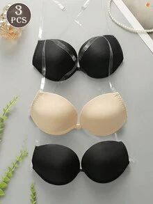 3 件女士纯色胸罩，有肩带和无肩带胸罩，罩杯不支持 - 彩色 - 查看 2