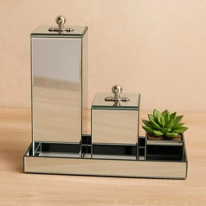 Kit Lavabo 4 Peças em Vidro Porta Escova Com Tampa + Porta Cotonete + Arranjo decorativo  e Bandeja Luxo Para BAnheiro