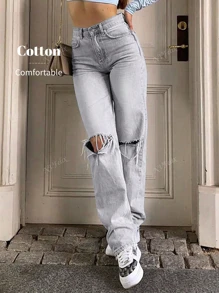 NVFelix Nuevos jeans rectos de pierna recta con bolsillo desgastado de moda - Ropa de vuelta al colegio para otoño