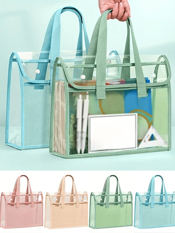 1 pièce de porte-documents portable de grande capacité et transparent, sac de rangement de documents extensible avec boîte de rangement intégrée, pochette de fichier auto-adhésive en PVC, pour fournitures de bureau, sac de fichier d'étudiant, rentrée scolaire, fournitures scolaires