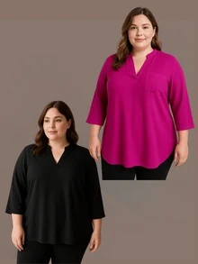 Kit 2 Women's Shirts Mullet Loose Blouse Viscolinho Plus Size Elegant Assorted Colors - 什錦 - 查看 2