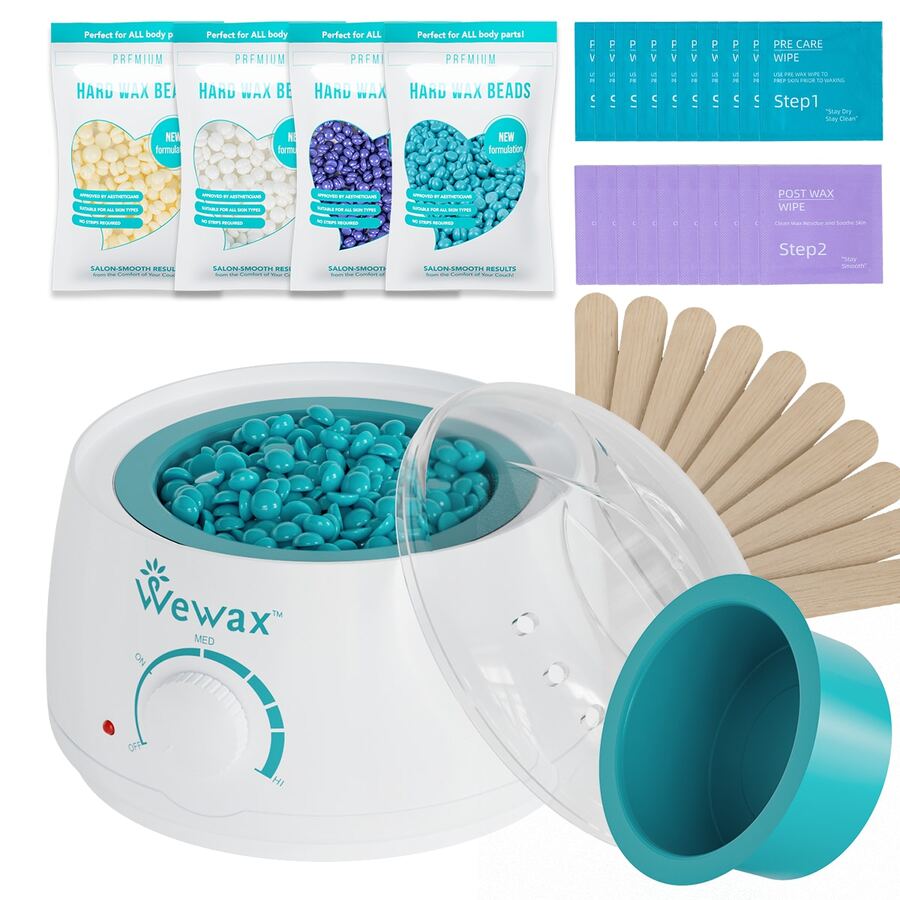WEWAX 脱毛套装带硅胶罐 - 包含 4 包硬蜡豆、10 片脱毛前湿巾、10 片脱毛后湿巾和 10 把刮刀 - 男女通用便携式脱毛套装，适合居家和旅行使用 - 查看 1