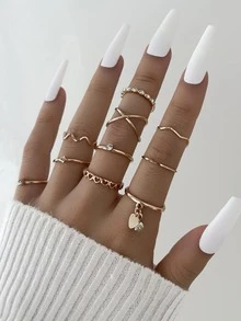 10pcs Stylish CZ Heart Shape Rings Set For Women - Yellow Gold - View 2