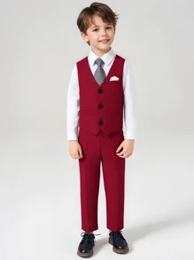 Conjunto de 2 piezas traje de caballero para niños - Chaleco rojo + Pantalones + Corbata, adecuado para fiesta de cumpleaños, evento formal, boda, festividad