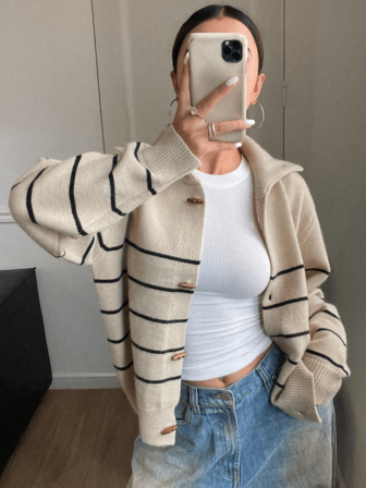 Plus Size Women Contrast Color Long Sleeve Cardigan Sweater, Suitable For Autumn/Winter Fall