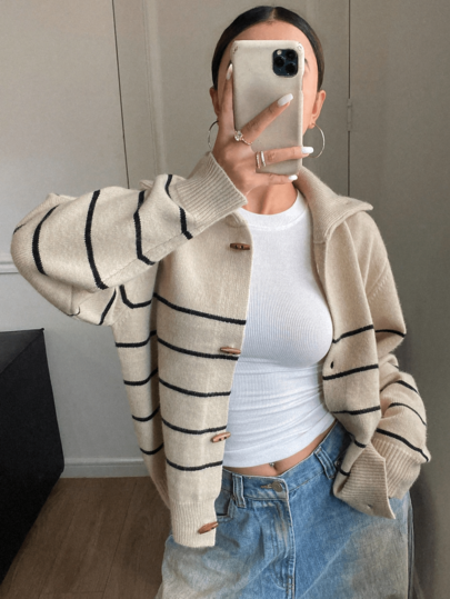 Plus Size Women Contrast Color Long Sleeve Cardigan Sweater, Suitable For Autumn/Winter Fall