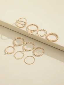 10pcs Stylish CZ Heart Shape Rings Set For Women - Yellow Gold - View 5