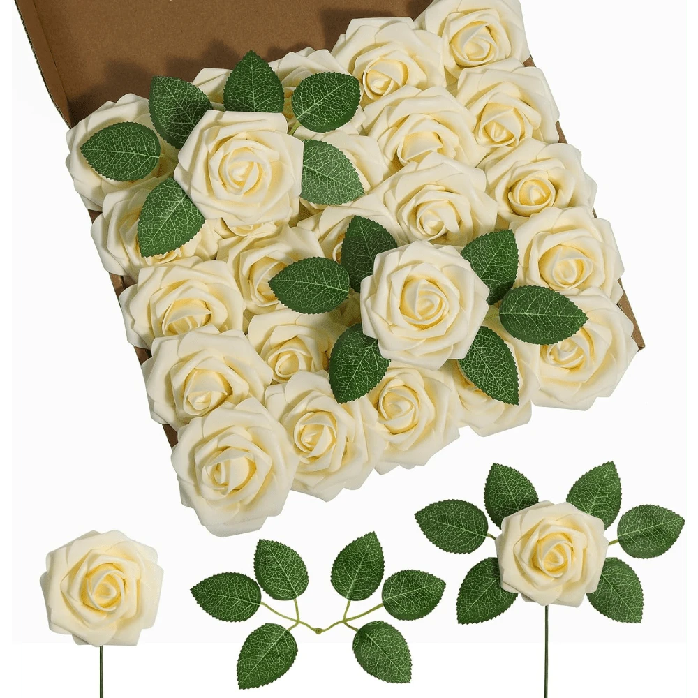 25Pcs Artificial Roses Flowers Fake Roses With Stems Real Touch Foam Flowers For DIY Wedding Bouquet Baby Shower Centerpiece Floral Arrangement Party Home Decor(Dark Red) - Light Champagne - 查看 1