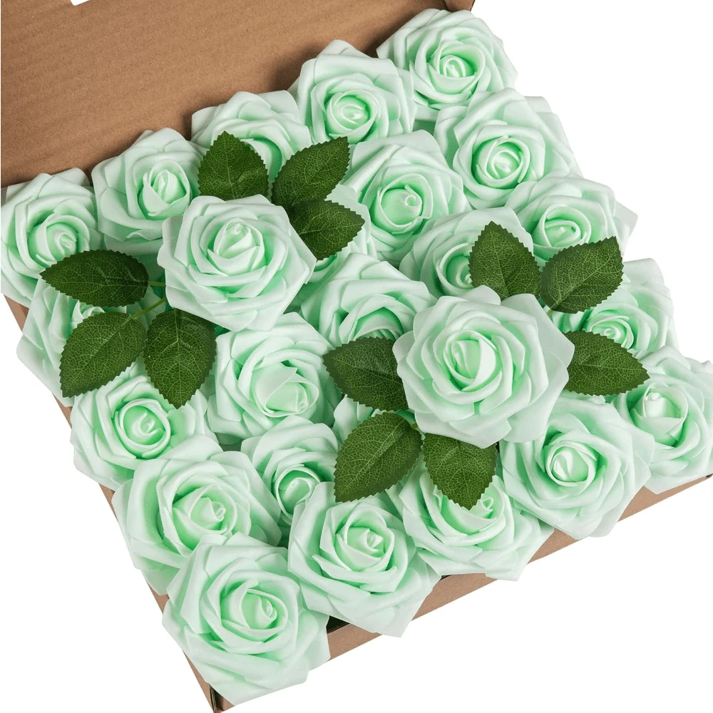 25Pcs Artificial Roses Flowers Fake Roses With Stems Real Touch Foam Flowers For DIY Wedding Bouquet Baby Shower Centerpiece Floral Arrangement Party Home Decor(Dark Red) - Mint Green - View 1