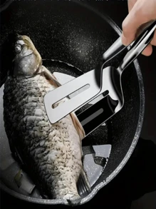 2-In-1 Stainless Steel Multipurpose Fish Spatula - Premium Stainless Steel Fish Spatula And Tongs - Non-Stick, Heat Resistant, Multifunctional Kitchen Tool For Frying Fish, Flipping And Steak Handling - Suitable For Home And Restaurant Kitchen, Fish Frying Spatula, Outdoor Grill Tool, BBQ Spatula, BBQ Tongs