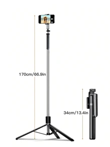 Asta per selfie telescopica pieghevole portatile in lega da 170 cm/66,9 pollici con supporto per telefono cellulare, telecomando Bluetooth, rotazione a 360°, anti-shake, adatta per riprese video e registrazione della vita quotidiana