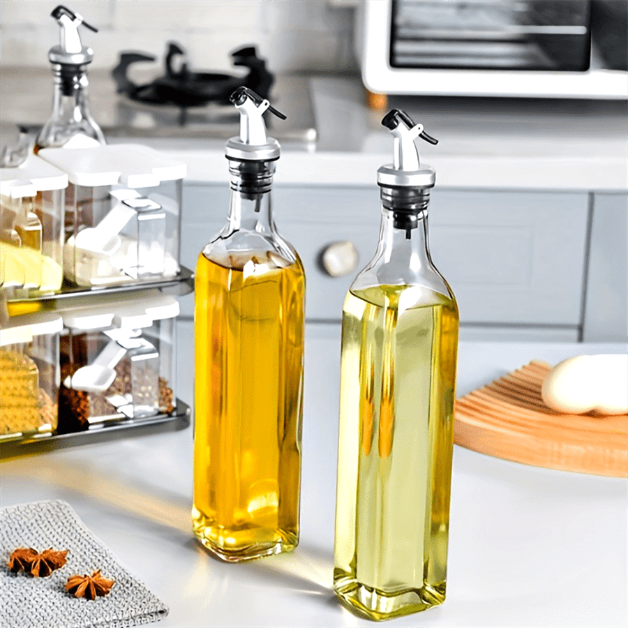 1pc/2pcs 500ML High-Grade Glass Oil Bottle, Leak-Proof Olive Oil Container, Square Seasoning Bottle For Kitchen, BBQ, Camping, Picnic - No PVC, Hand Wash Only,School Supplies