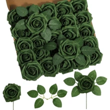 25Pcs Artificial Roses Flowers Fake Roses With Stems Real Touch Foam Flowers For DIY Wedding Bouquet Baby Shower Centerpiece Floral Arrangement Party Home Decor(Dark Red) - 軍綠色 - 查看 1