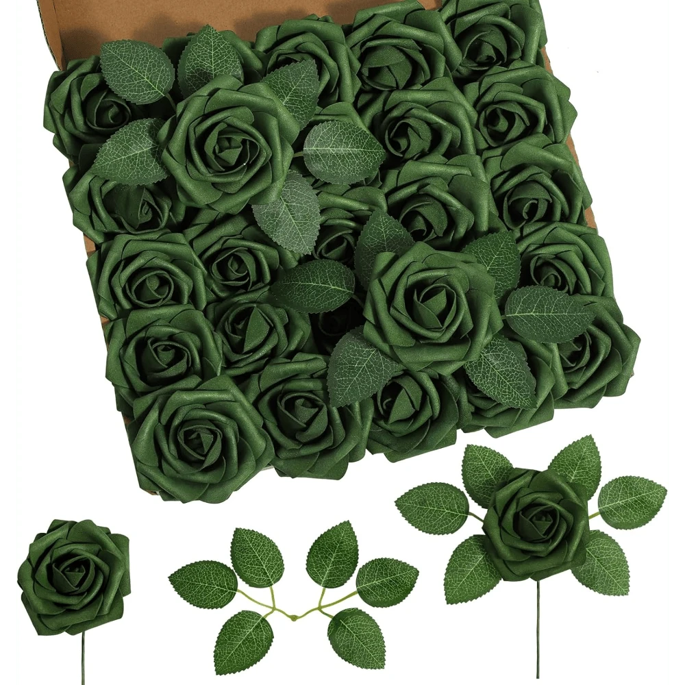 25Pcs Artificial Roses Flowers Fake Roses With Stems Real Touch Foam Flowers For DIY Wedding Bouquet Baby Shower Centerpiece Floral Arrangement Party Home Decor(Dark Red) - 軍綠色 - 查看 1