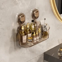1 pieza Estante de almacenamiento con ventosa de plástico enchapado, cesta colgante para gel de ducha/artículos de tocador/cosméticos para baño, organizador de pared para volver a la escuela