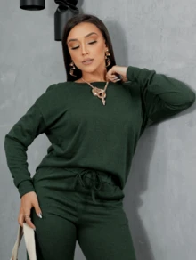 Women's Winter Set, Long Sleeve Blouse And Wide Leg Pants - xanh quân đội - Xem 2