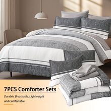7 Piece Bed In A Bag Bed Comforter Set Queen, Fashion Solid Color Stripes Comforter And Sheet,4 Pieces Pillowcase Set, Soft Microfiber, Comfortable And Warm Bedding Set, Bedroom Decor For All Seasons, Ideal Gift - White+Gray - View 2