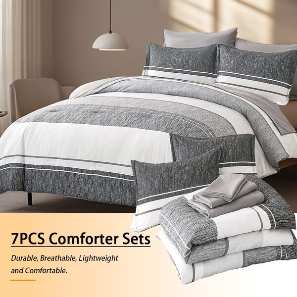7 Piece Bed In A Bag Bed Comforter Set Queen, Fashion Solid Color Stripes Comforter And Sheet,4 Pieces Pillowcase Set, Soft Microfiber, Comfortable And Warm Bedding Set, Bedroom Decor For All Seasons, Ideal Gift