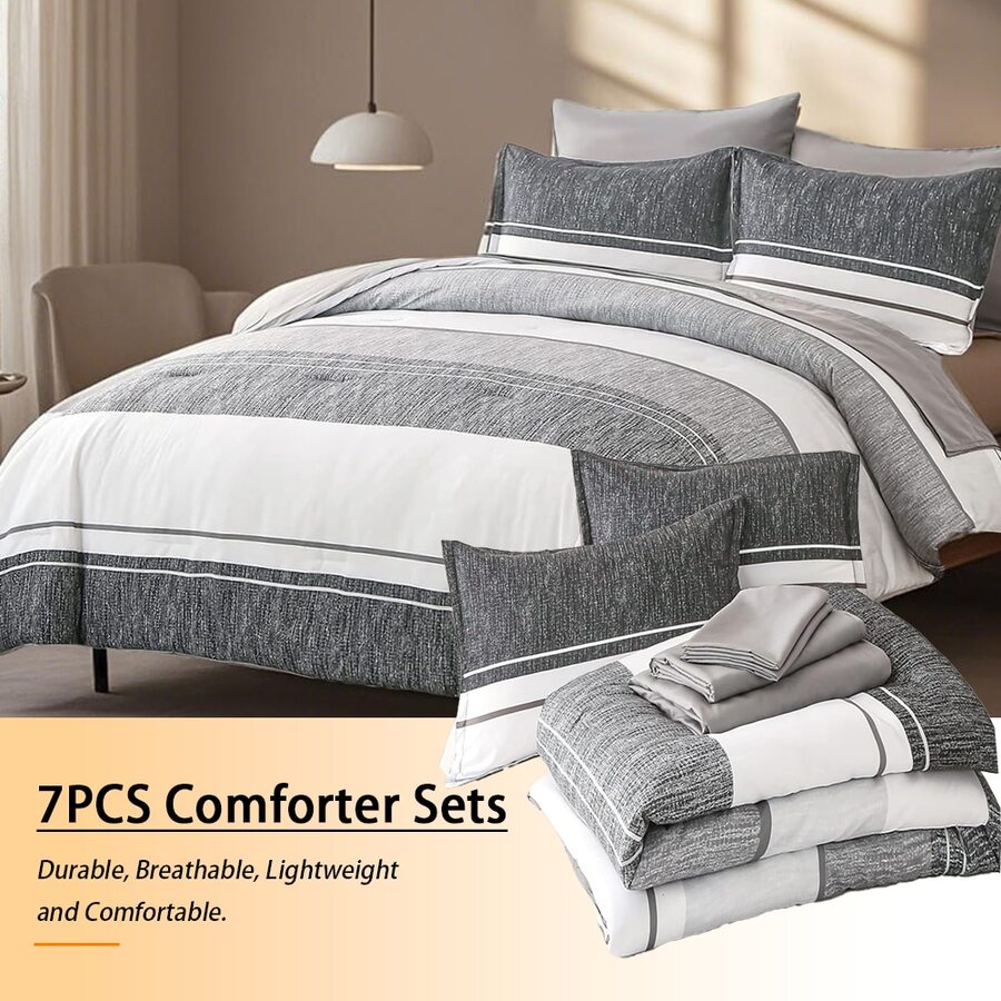 7 Piece Bed In A Bag Bed Comforter Set Queen, Fashion Solid Color Stripes Comforter And Sheet,4 Pieces Pillowcase Set, Soft Microfiber, Comfortable And Warm Bedding Set, Bedroom Decor For All Seasons, Ideal Gift