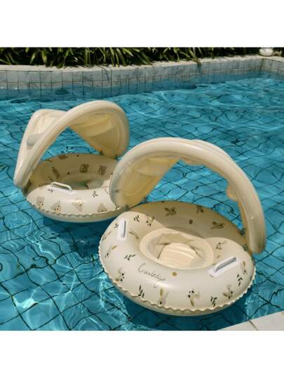 1pc Swimming Ring With Sunshade And Handles, Featuring A Circular Pattern, Suitable For Both Outdoor And Indoor Swimming.